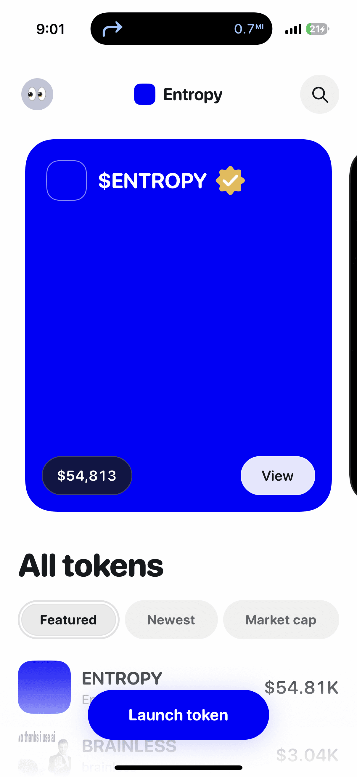 Entropy on iPhone, showing a featured token and a list of token launches.