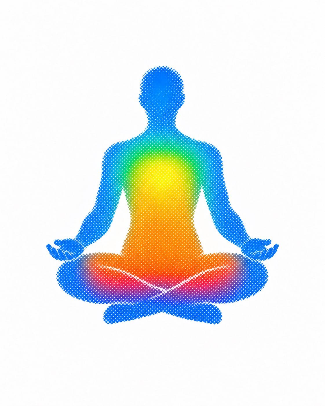 A blue halftone figure meditating, with a warm rainbow glow through the torso.